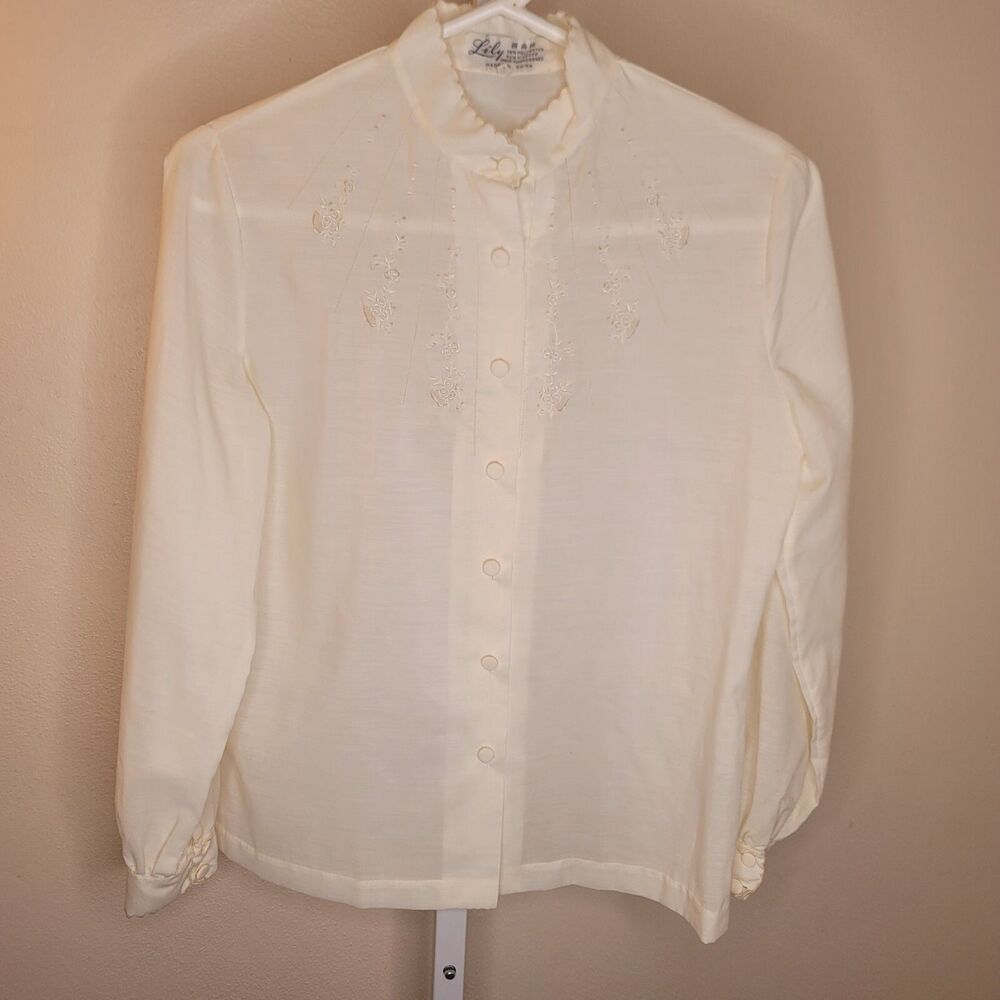 Vintage Lily Hand Embroidered Off White Button Up Blouse Size Medium